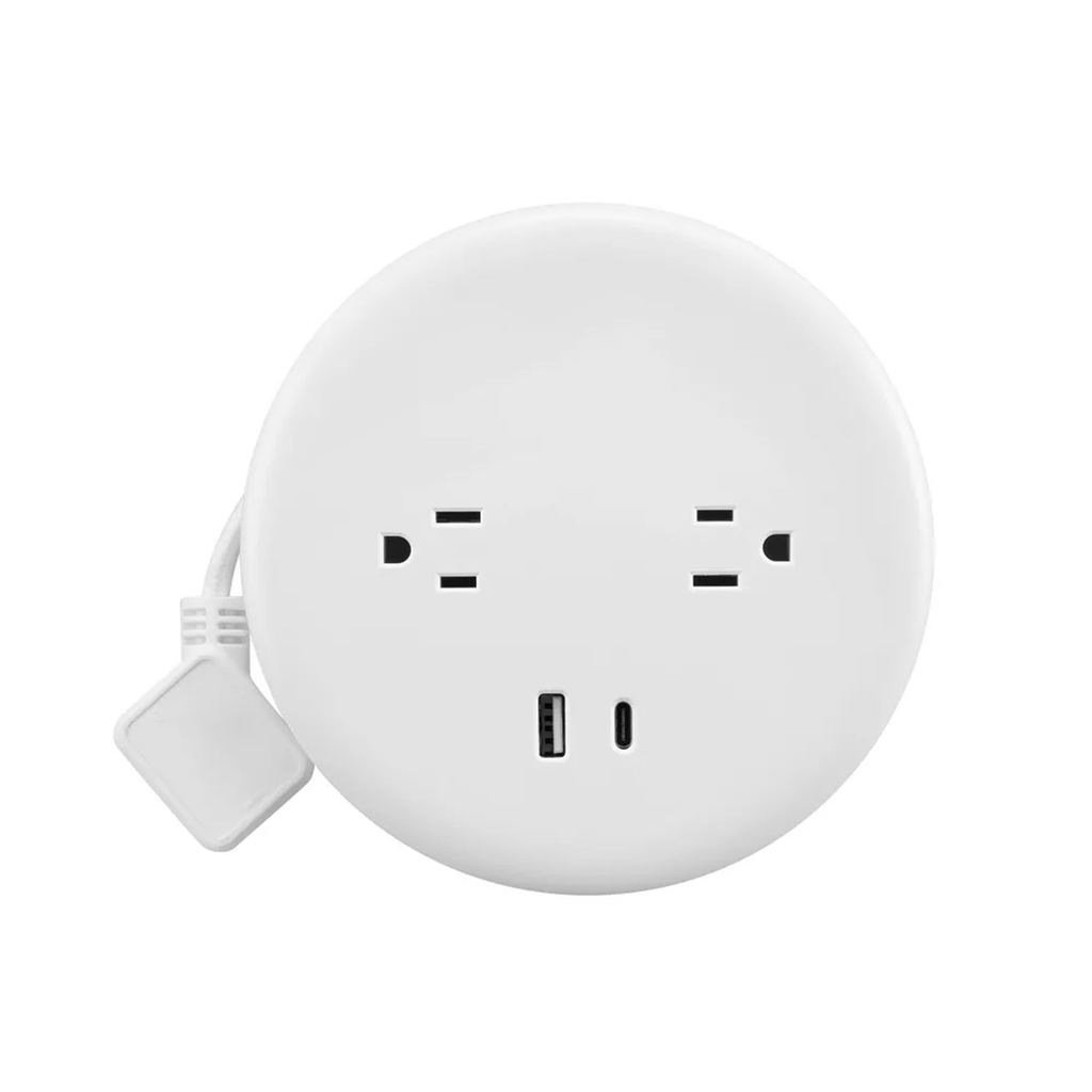 Retractable Cord Power Hub With Dual Outlets Compact White Power Station