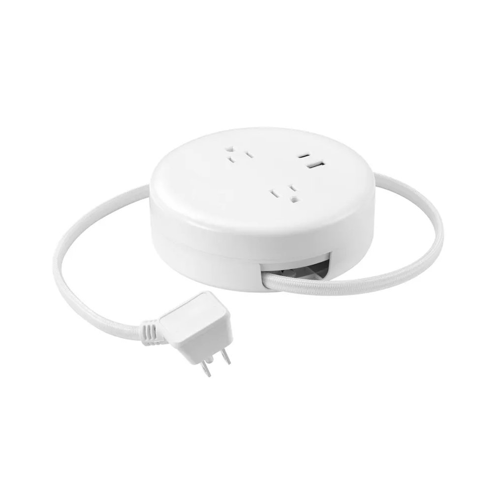 Retractable Cord Power Hub With Dual Outlets Compact White Power Station