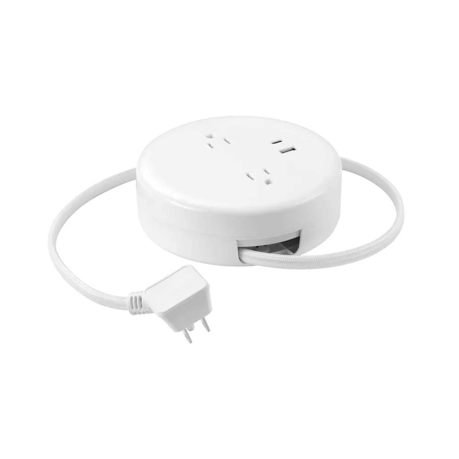 Retractable Cord Power Hub With Dual Outlets Compact White Power Station